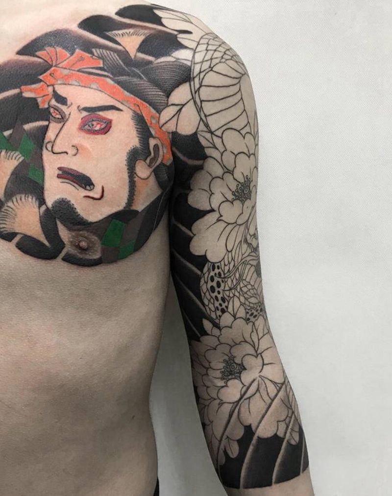 日式半甲纹身图片_胸部手臂老传统纹身图案