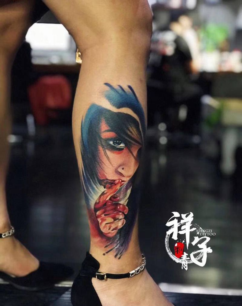 欧美人物纹身图片_腿部欧美写实纹身图案