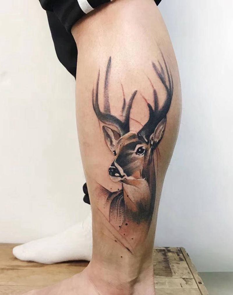 麋鹿纹身图片_腿部Old School欧美写实纹身图案