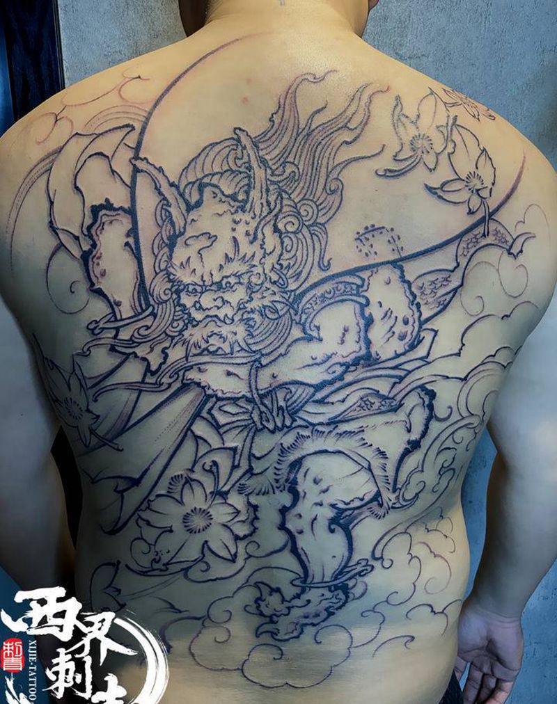 满背风神纹身图片_背部肩部新传统老传统纹身图案