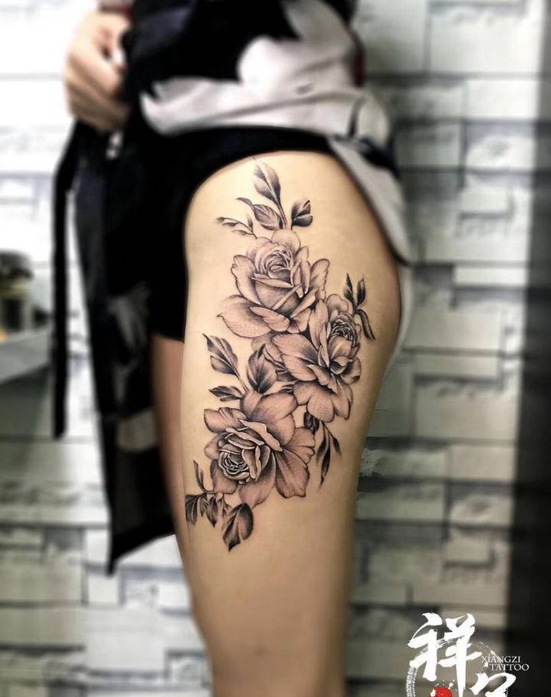 素花纹身图片_腿部点刺纹身图案