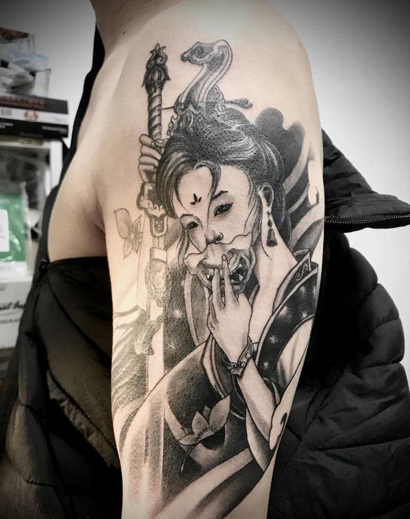 艺妓般若纹身图片_肩部新传统艺妓般若纹身图案