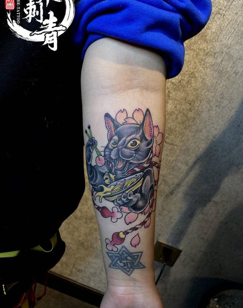 手臂 彩色猫纹身图片_手臂手部New School新传统纹身图案
