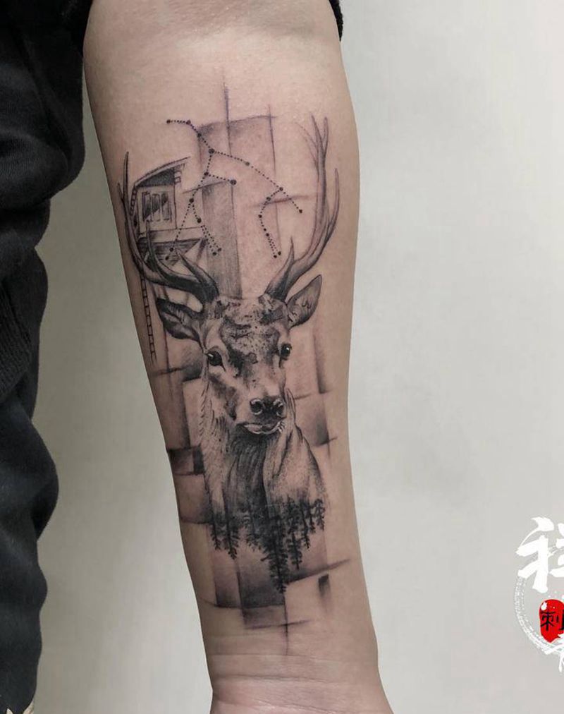 麋鹿纹身图片_手臂欧美写实点刺纹身图案