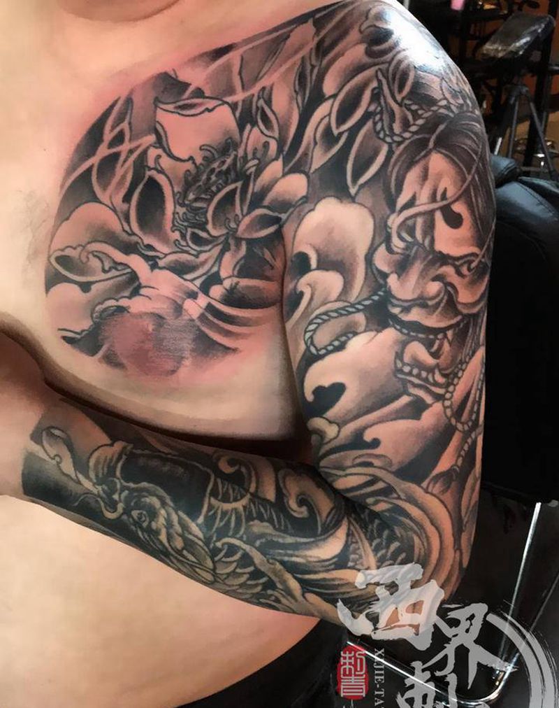 传统半甲花臂纹身图片_胸部手臂新传统老传统纹身图案