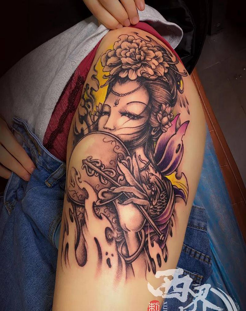 大腿艺妓纹身图片_腿部脚部新传统老传统纹身图案