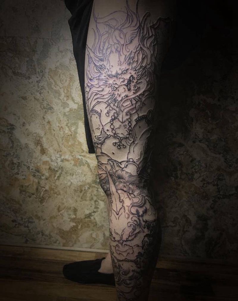 花腿 未完成纹身图片_腿部新传统雷神唐狮花腿纹身图案