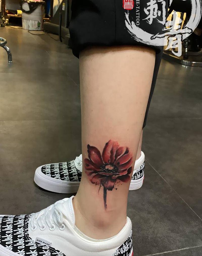 花 遮盖纹身图片_脚部腿部新传统水彩纹身图案