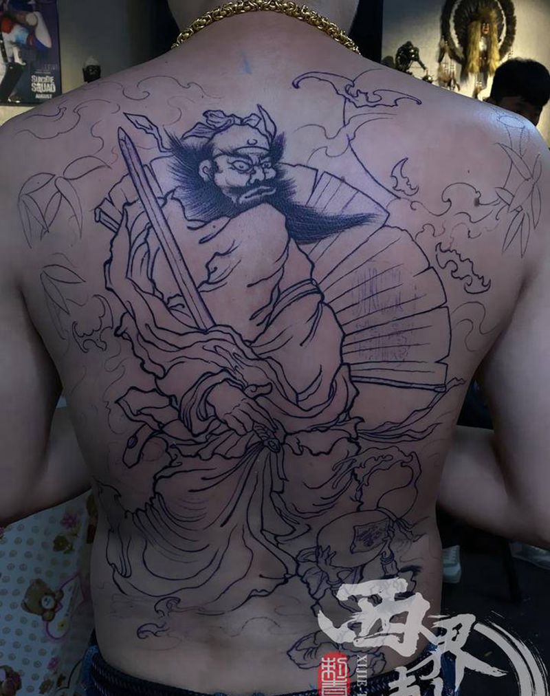 满背钟馗割线纹身图片_背部老传统新传统纹身图案