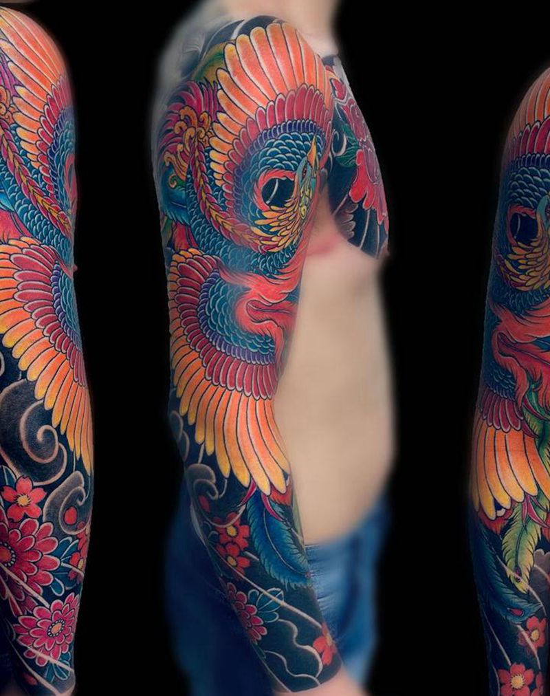 凤凰花臂纹身图片_老传统纹身图案