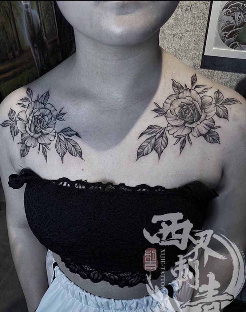 肩 素花纹身图片_肩部新传统点刺纹身图案