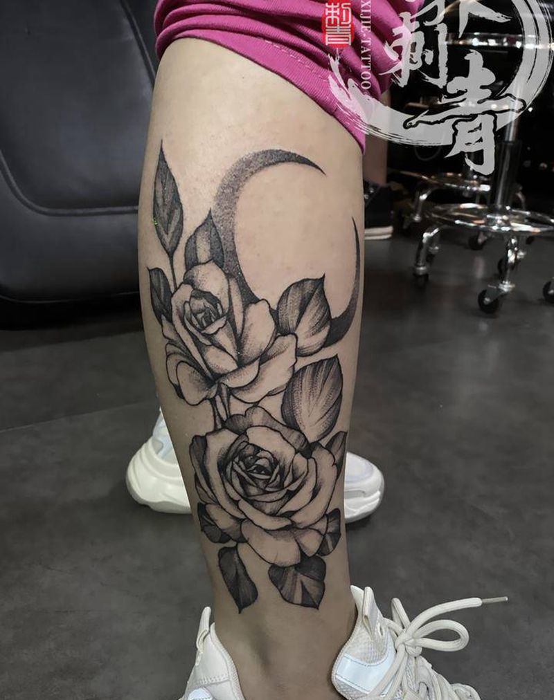 小腿素花点刺纹身图片_腿部图腾点刺纹身图案