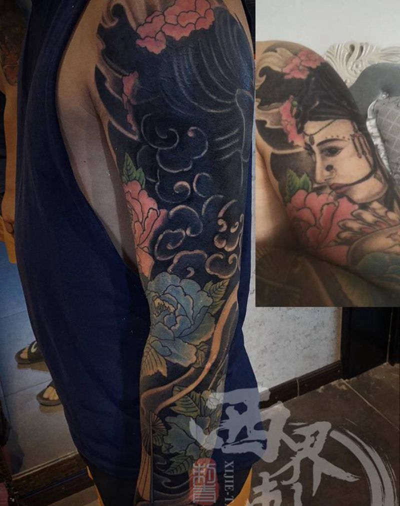 花臂修改遮盖纹身图片_手臂新传统老传统纹身图案
