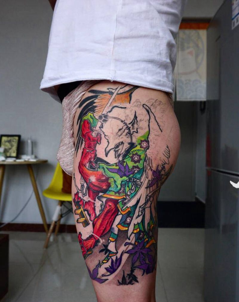 乌天狗纹身图片_腿部新传统纹身图案