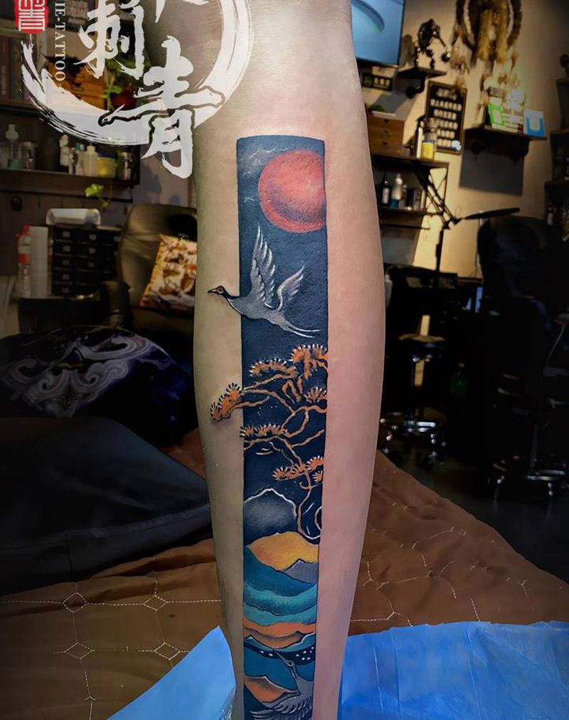 小腿 仙鹤纹身图片_脚部水彩New School纹身图案