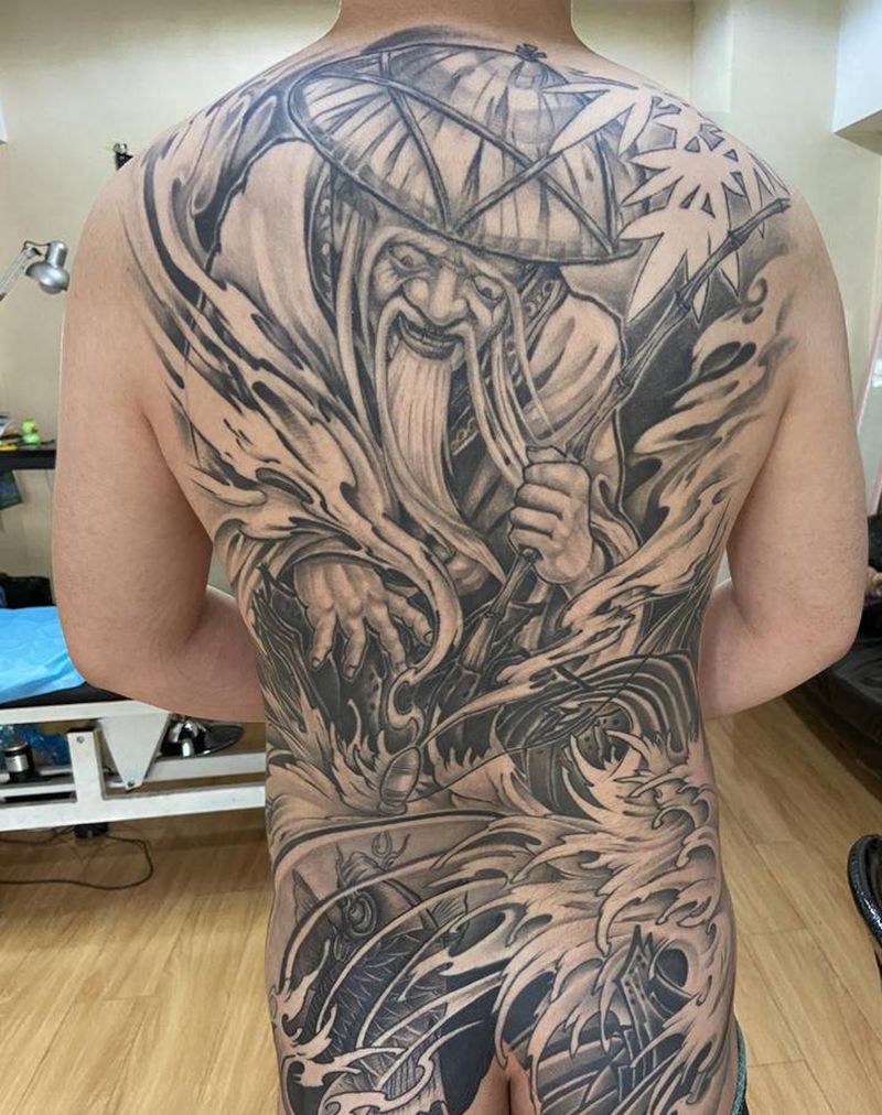 姜太公钓鱼纹身图片_背部新传统纹身图案