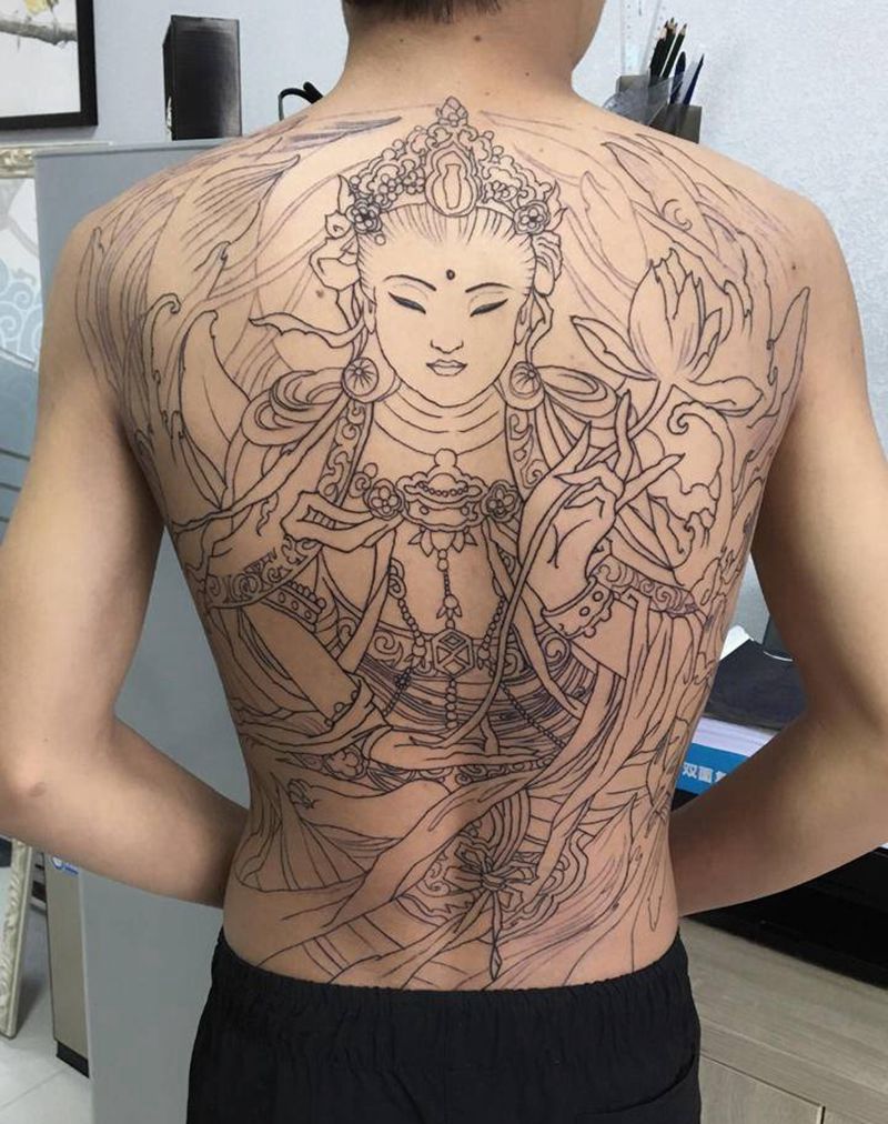 满背菩萨纹身图片_背部新传统纹身图案