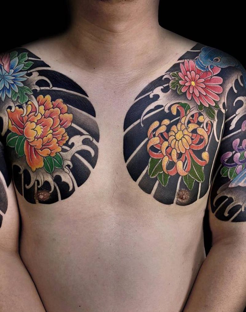 日式半甲纹身图片_胸部手臂老传统纹身图案