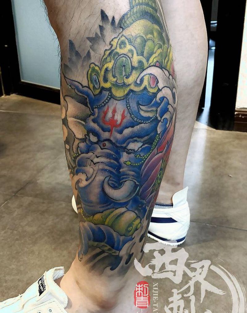 小腿象神纹身图片_腿部脚部新传统老传统纹身图案