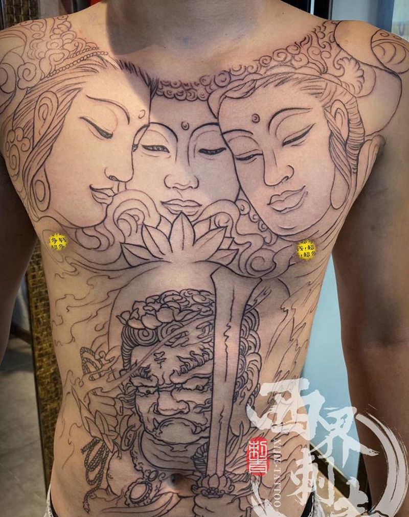 三面佛纹身图片_胸部新传统老传统纹身图案