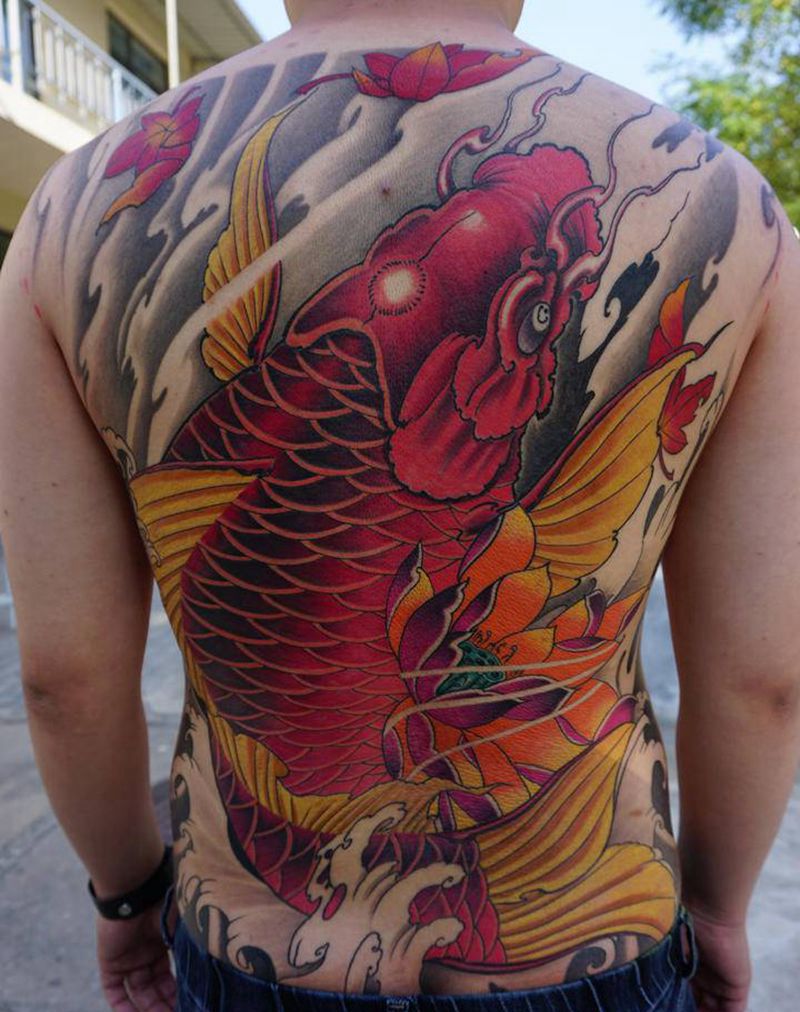 鲤鱼荷花纹身图片_背部新传统纹身图案