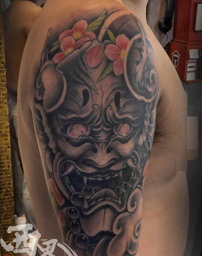 大臂般若纹身图片_手臂肩部新传统老传统纹身图案