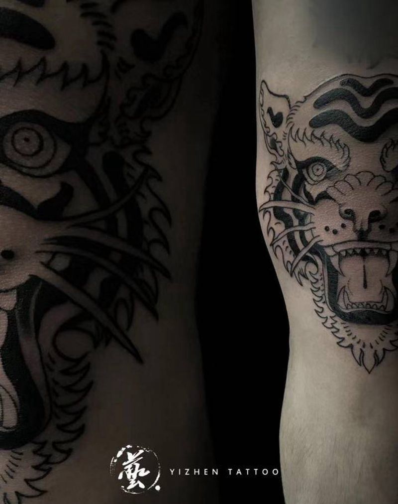 猛虎包膝盖纹身图片_Old School纹身图案