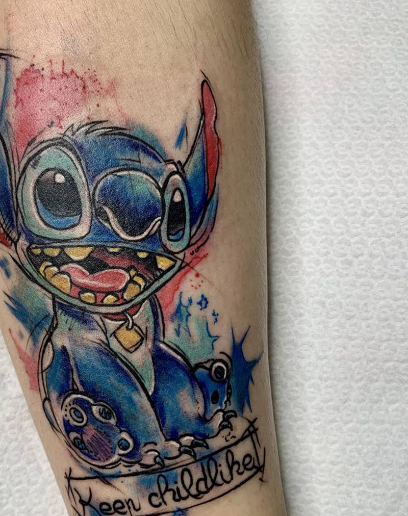 史迪奇纹身图片_腿部New School水彩纹身图案