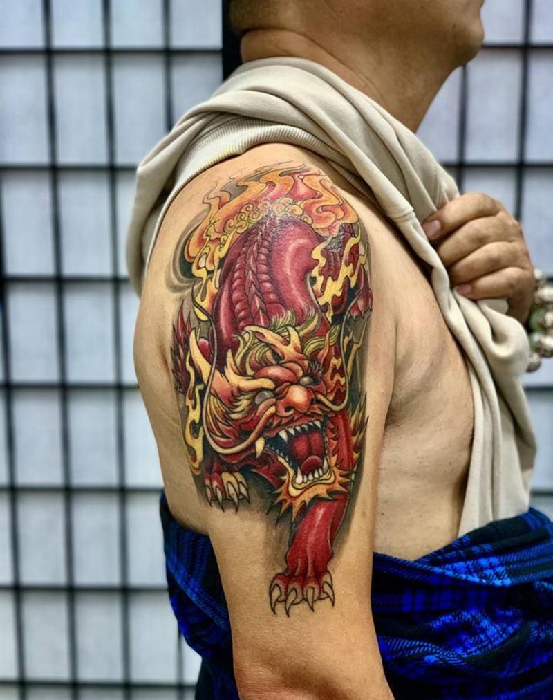 麒麟纹身图片_肩部老传统纹身图案