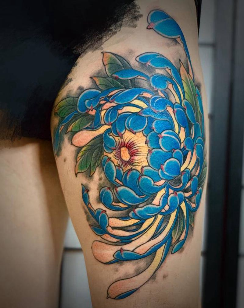彩色菊花纹身图片_腿部新传统纹身图案