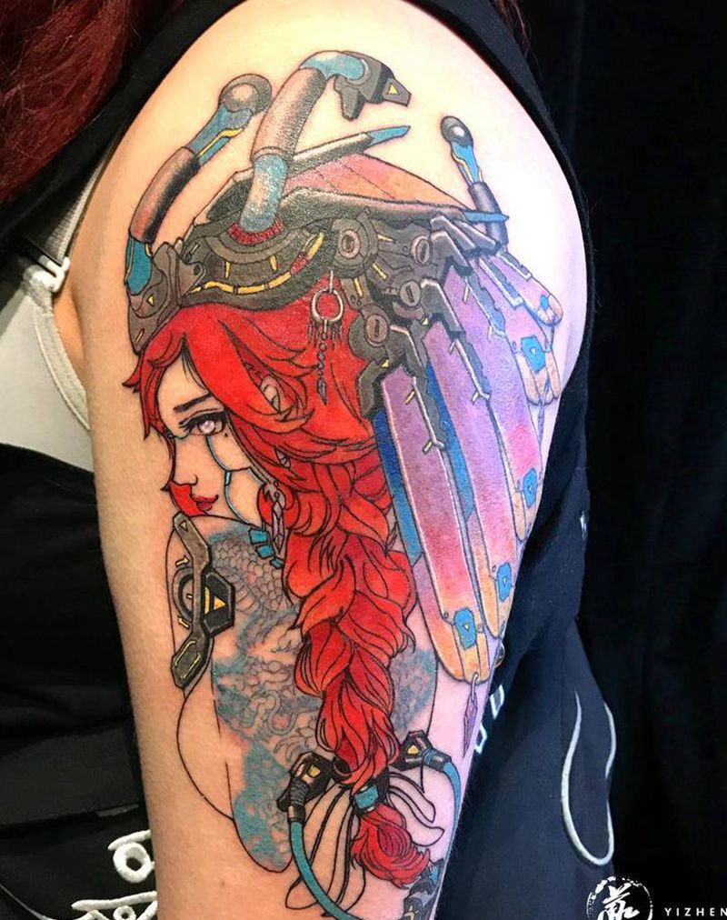 机械龙姬纹身图片_手臂肩部新传统机械美女纹身图案