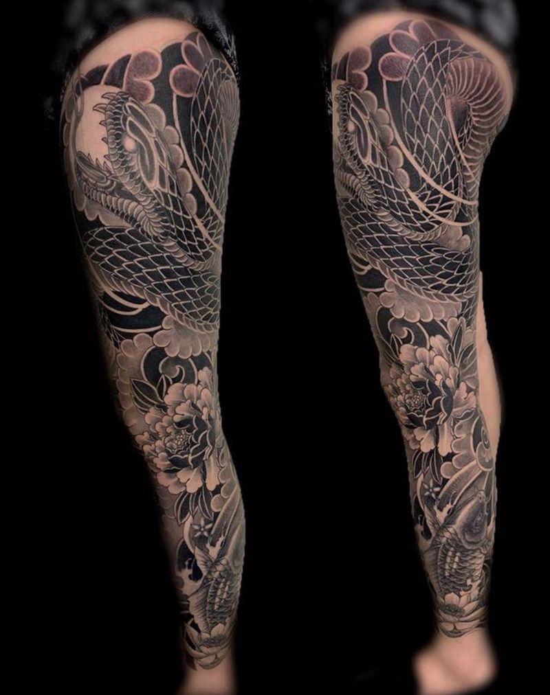 龙花腿纹身图片_老传统纹身图案
