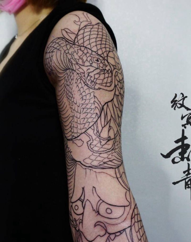 花臂线条纹身图片_手臂新传统纹身图案