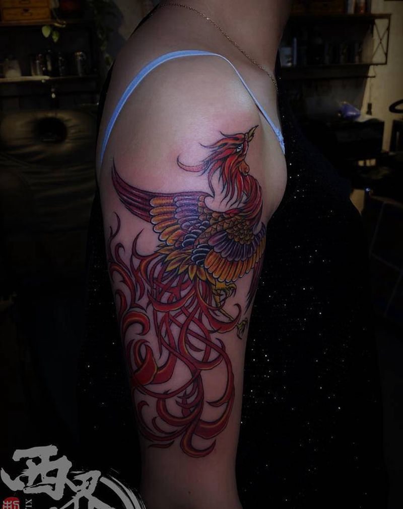彩色凤凰纹身图片_手臂新传统水彩纹身图案
