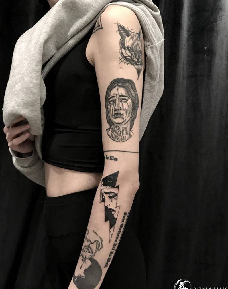 暗黑拼接纹身图片_手臂Old School纹身图案