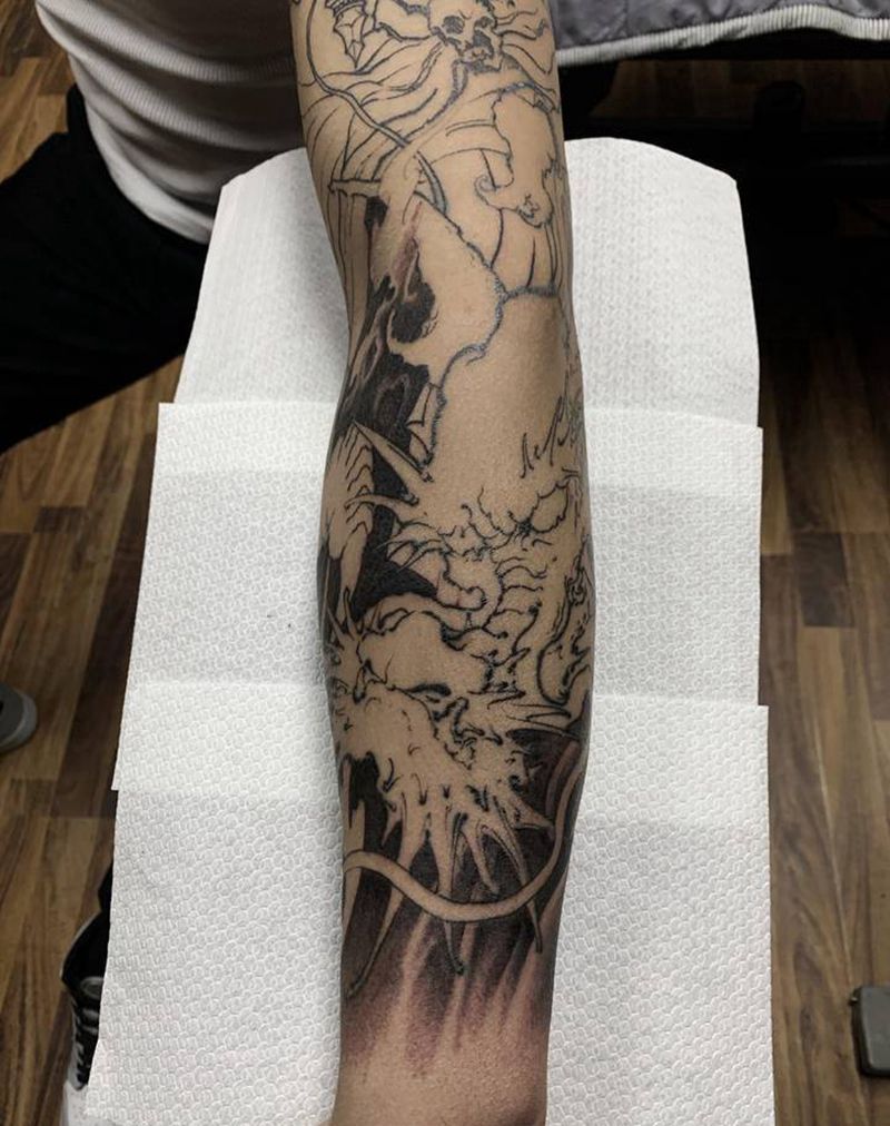 感谢同行信任纹身图片_手臂新传统老传统龙雷神风神纹身图案