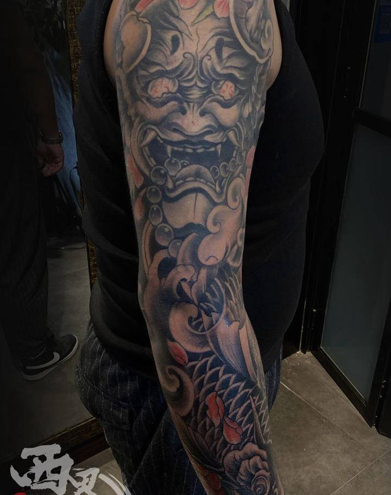 传统般若鲤鱼花臂纹身图片_手部手臂新传统老传统纹身图案
