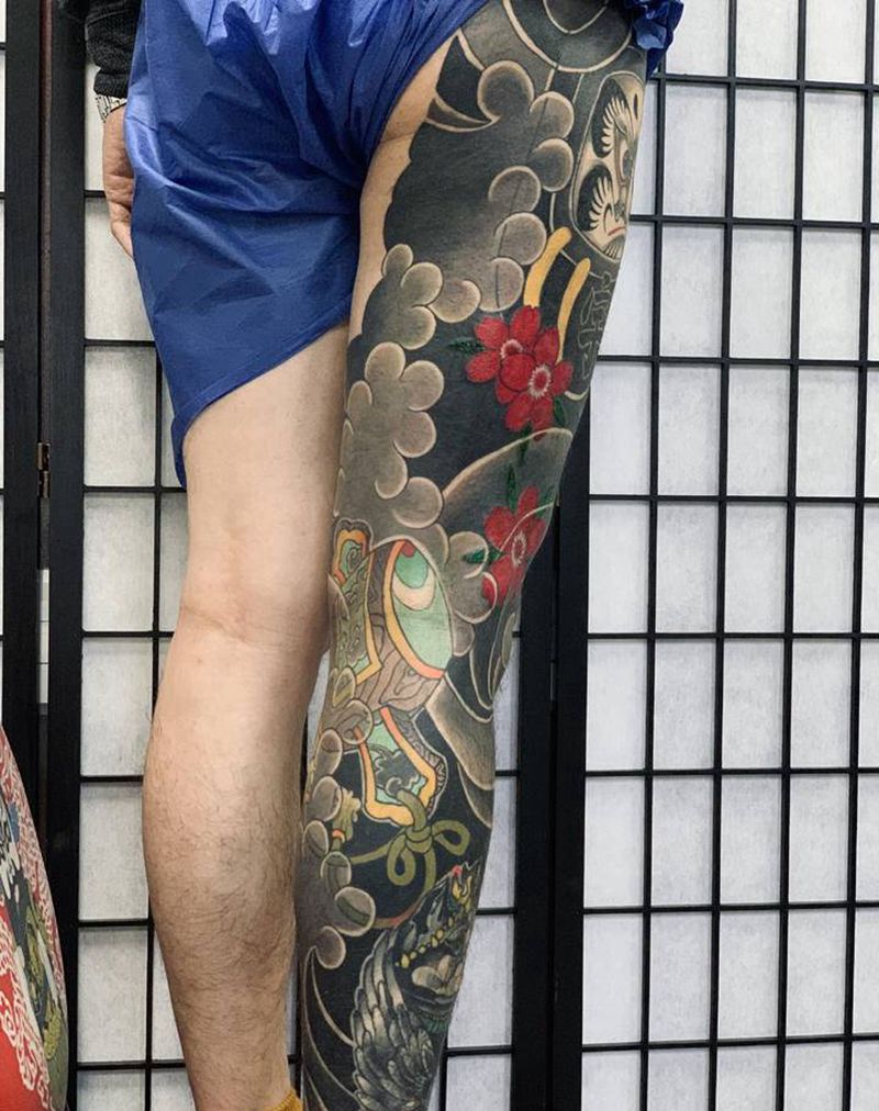 达摩蛋花腿纹身图片_腿部老传统纹身图案