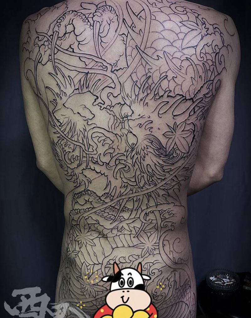 传统满背龙纹身图片_背部老传统新传统纹身图案
