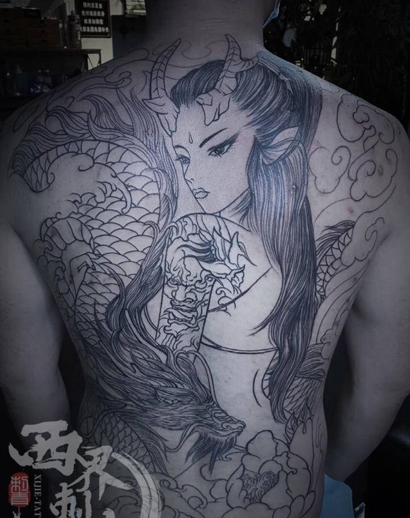 满背龙姬割线纹身图片_背部老传统新传统纹身图案