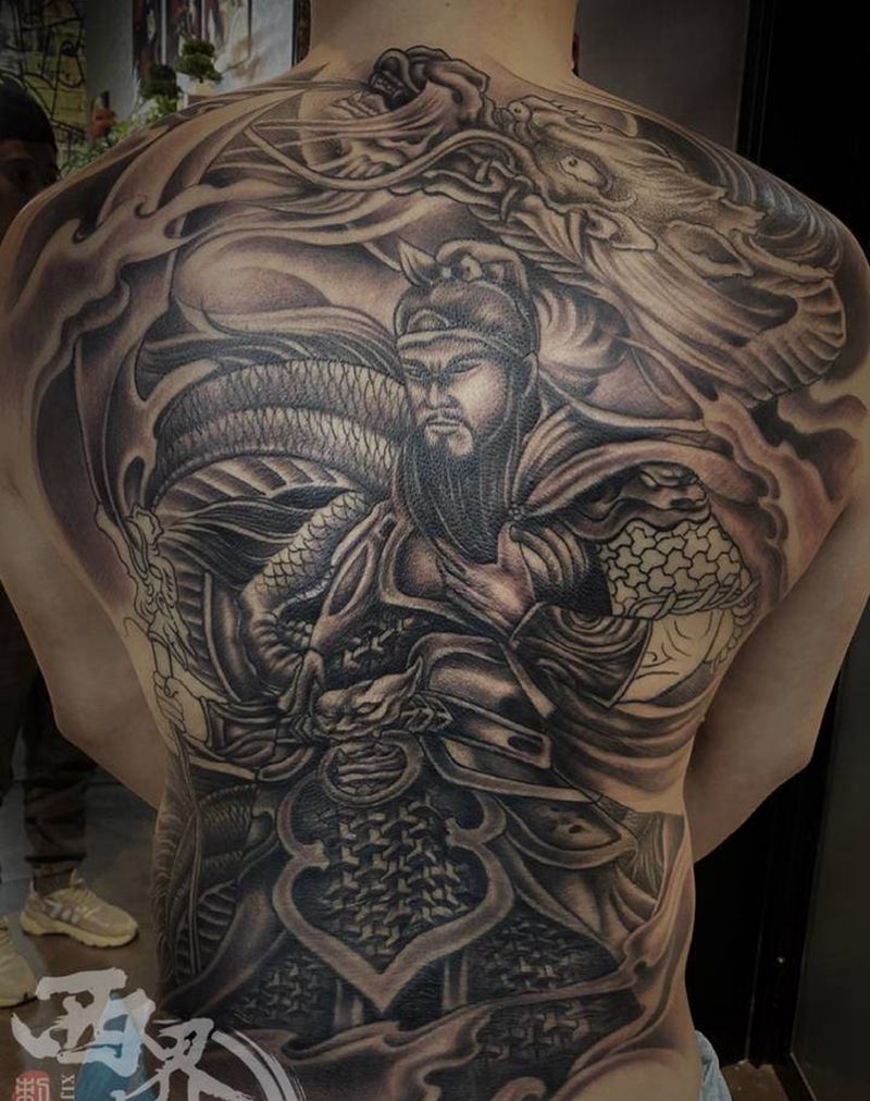 满背关公纹身图片_背部新传统老传统纹身图案