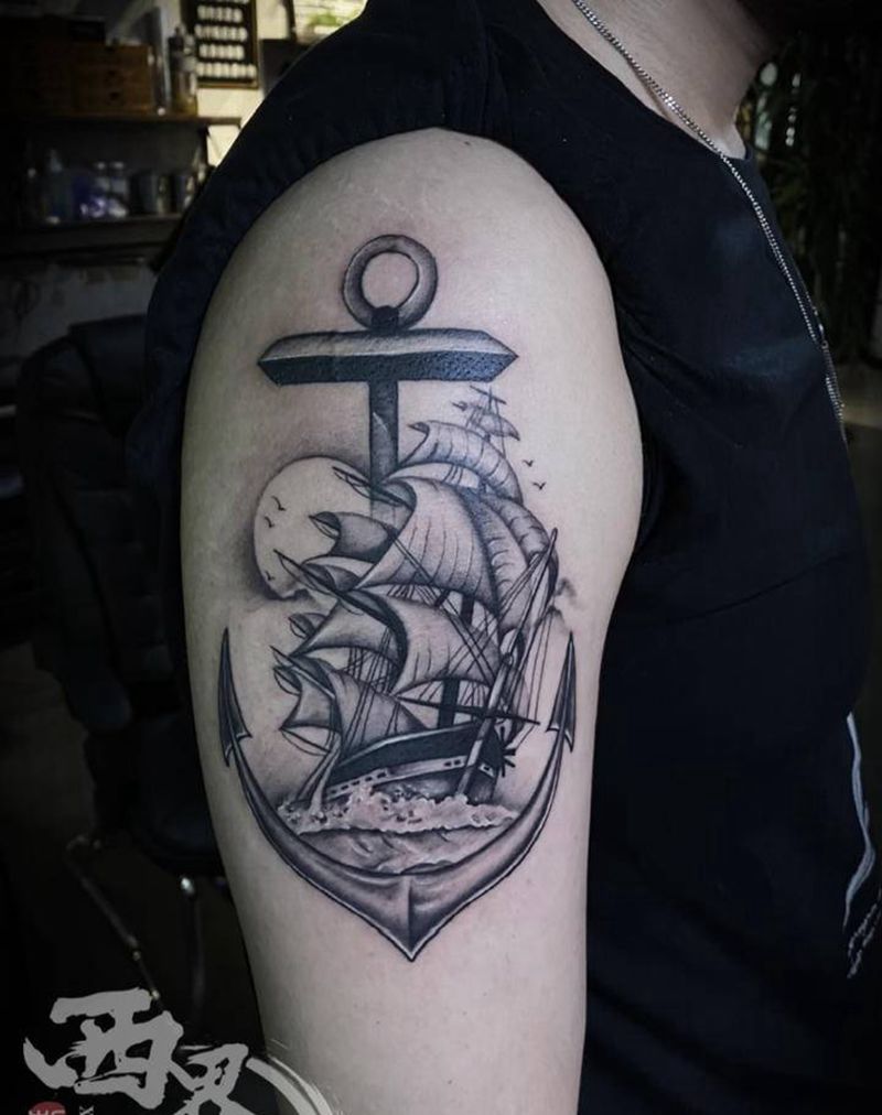 欧美手臂帆船纹身图片_手臂手部欧美写实New School纹身图案