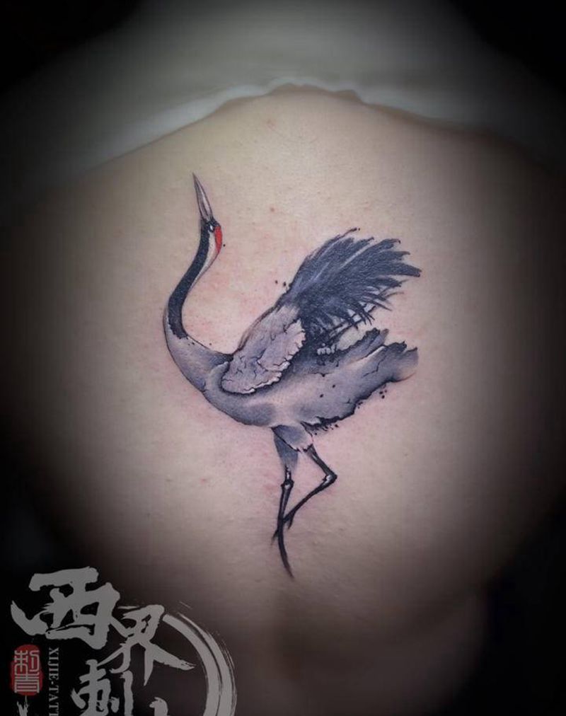 水墨仙鹤纹身图片_背部水墨水彩纹身图案