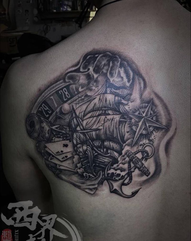 帆船 指南针 船锚纹身图片_肩部背部欧美写实New School纹身图案