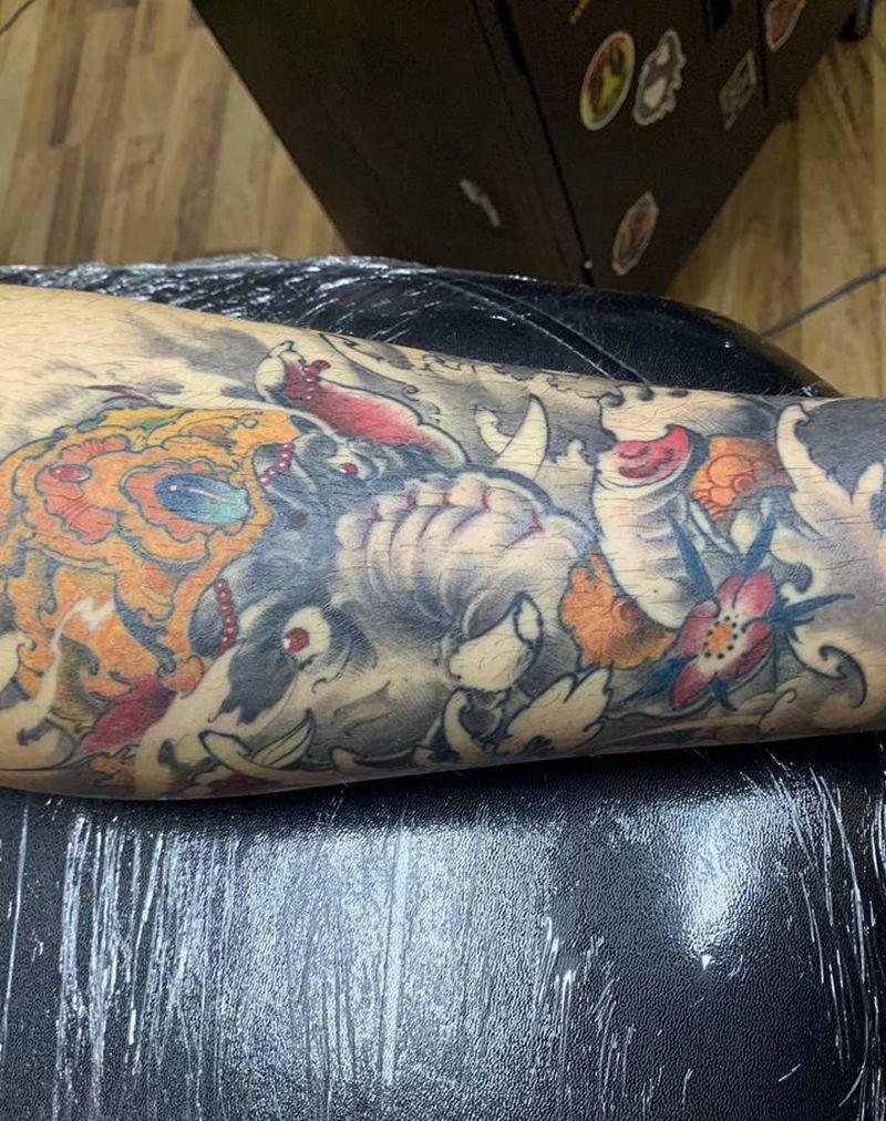 象神纹身图片_腿部新传统老传统象神大象纹身图案