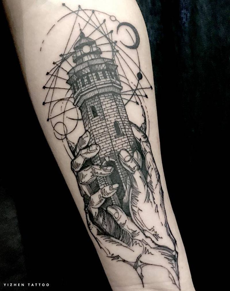 灯塔纹身图片_手臂几何点刺暗黑纹身图案