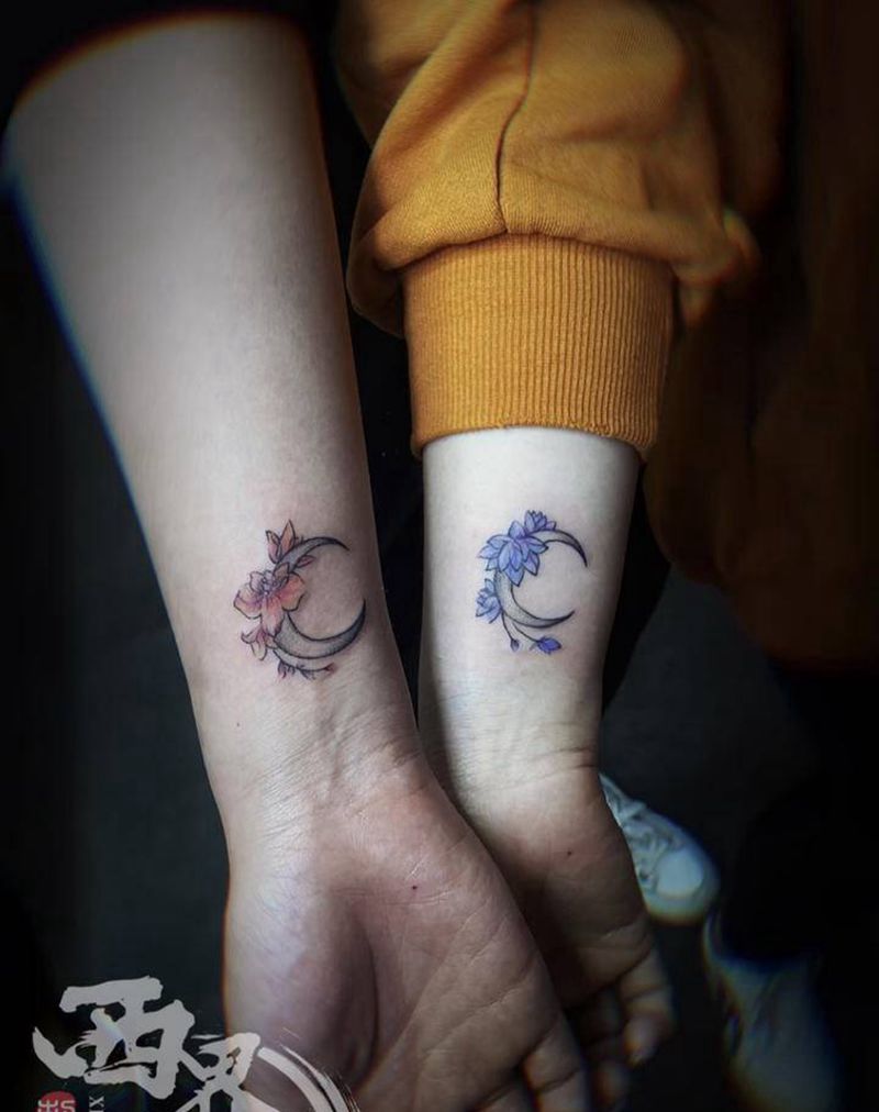 月亮闺蜜情侣纹身图片_手臂手部水彩点刺纹身图案