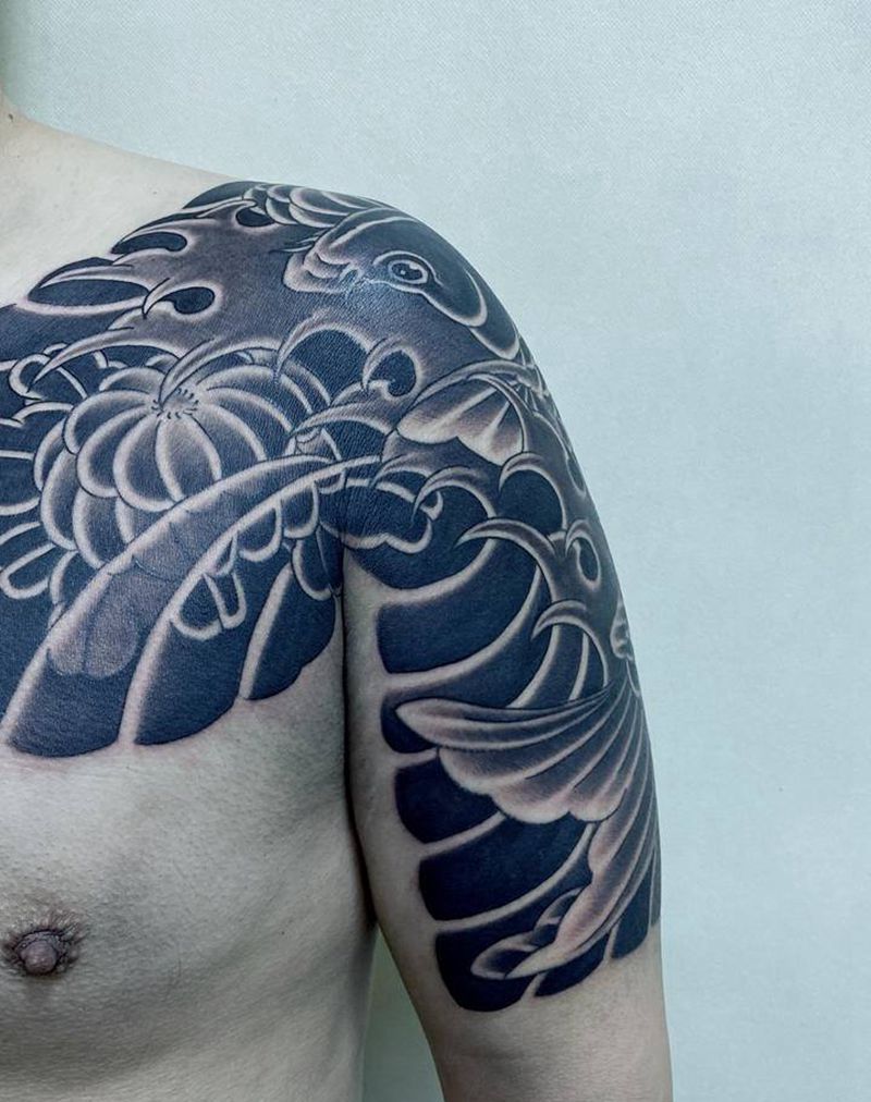 日式半甲纹身图片_胸部手臂老传统纹身图案