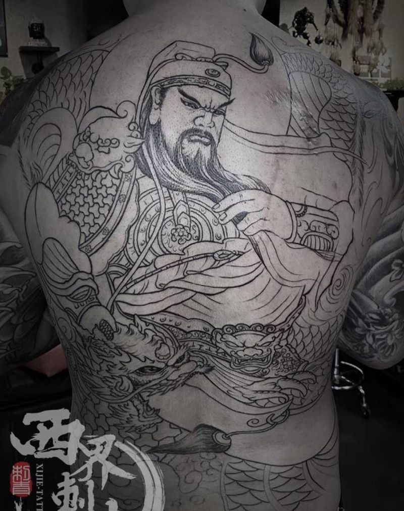 满背关公割线纹身图片_背部新传统老传统纹身图案