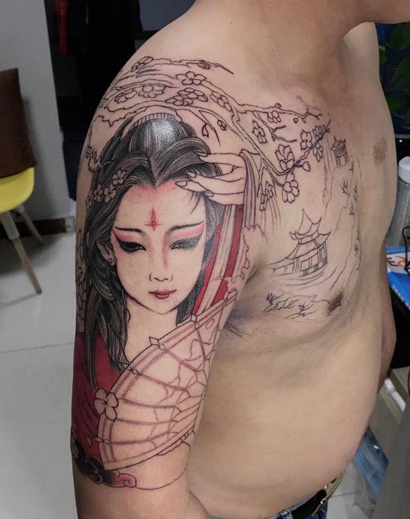 半甲➕遮盖纹身图片_手臂新传统纹身图案